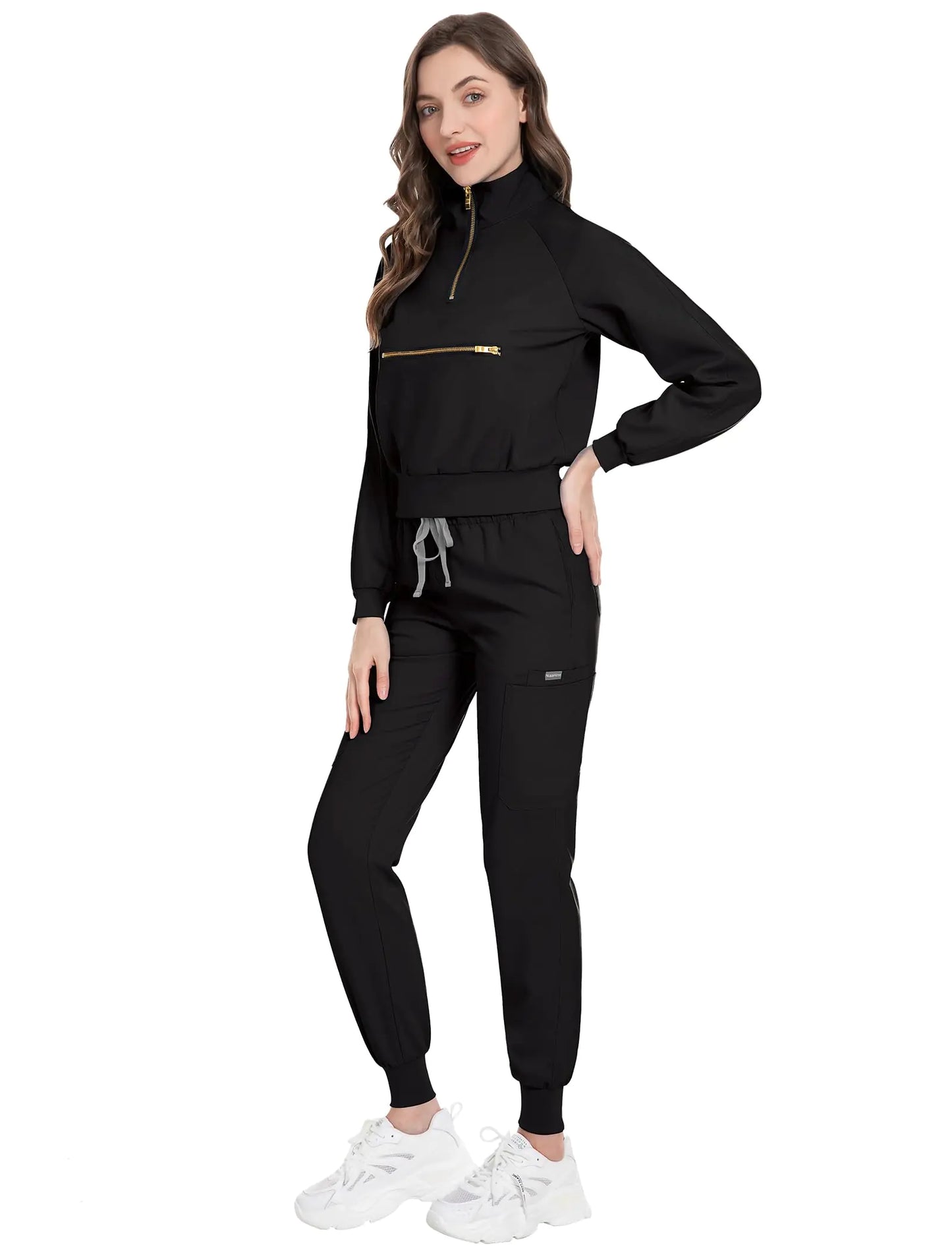 Scrubspro Scrub for Women Set-Long Sleeve Scrub Top with Zipper & Jogger Pants Medical Uniform Suit (BlackS)