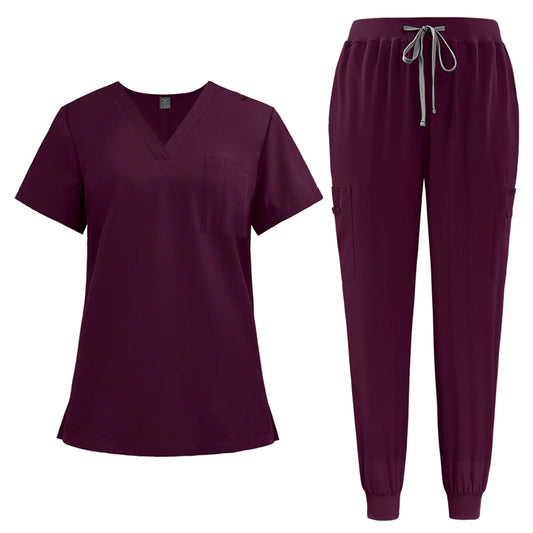 Scrub Sets for Women Quick Drying Fabric Stretch Short Sleeve V-Neck Scrub Top & Jogger Pant Plus Size Nurse Medical Uniform Solid Color Scrubs Caregiver Work Outfits with Pocket(D-WineSmall)